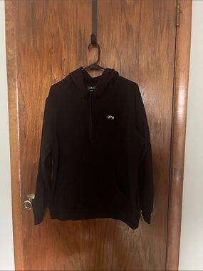 Lrg Black Hoodie with Small White Cursive Logo